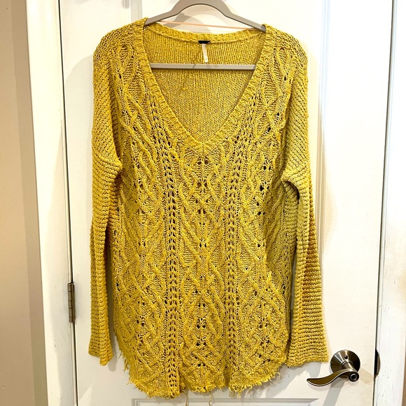 Free People Sweaters - FREE PEOPLE 'Cross My Heart' Sweater V-Neck Oversized Gold/Yellow Size L Frayed